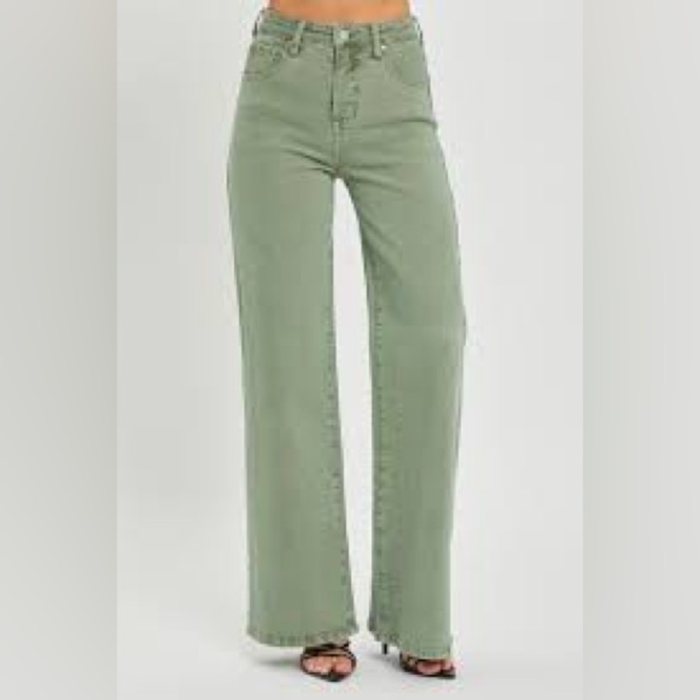 High-Rise Wide Leg Jeans in Sage Green